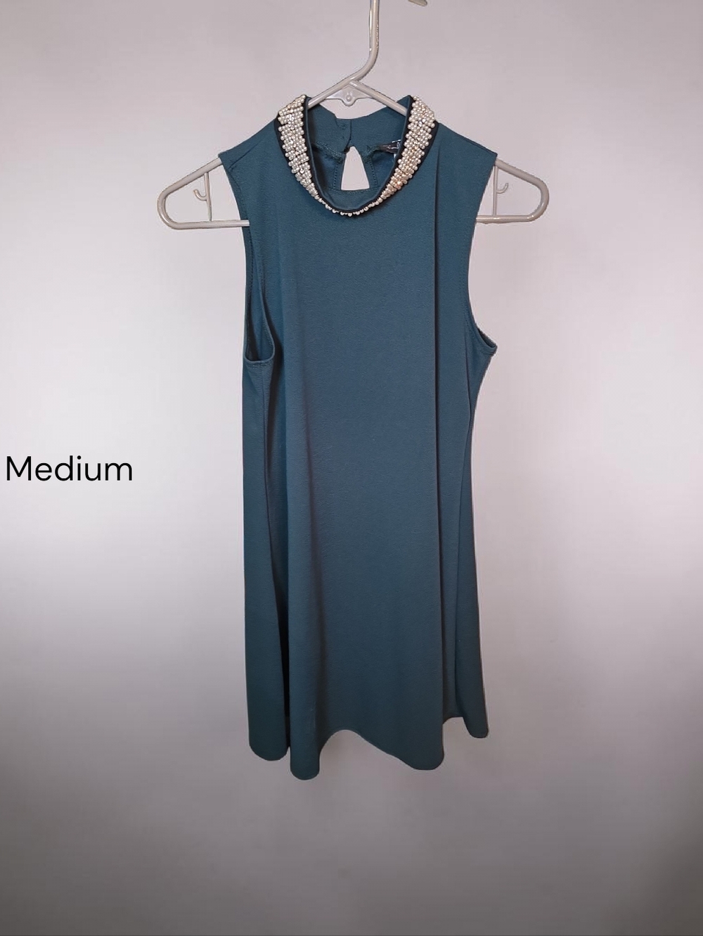 French Atmosphere Teal Jewel-Trim Sleeveless Mini Dress